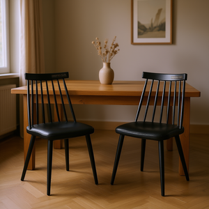 Db Midcentury Modern Spindle Back <b>Dining</b> <b>Chairs</b> Set Of 2 Black Pu Leather Solid Wood Legs For Living Room Home Office - Product Image 2