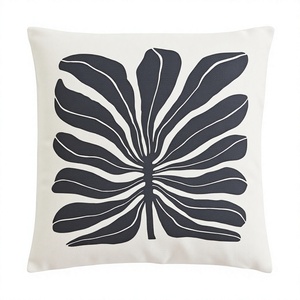 Minimalist Cotton <b>Throw</b> <b>Pillow</b> Cover With Black Plant Pattern Square Washable Decorative Cushion Case - Product Image 1