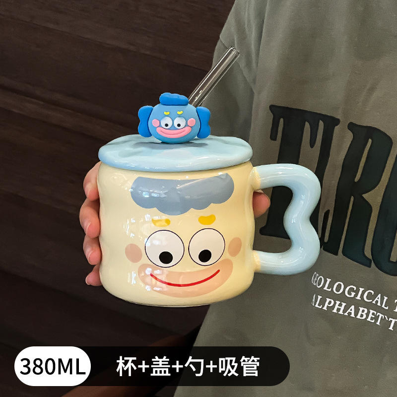 สีฟ้า (พร้อมฝาปิด ช้อน และหลอด)