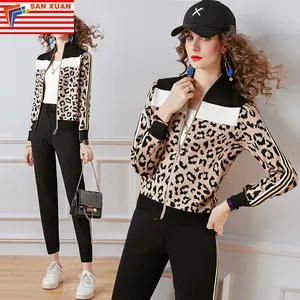 Spot 2024 spring suit new knitted leopard print sweater long-sleeved jacket + pants casual fashion two-piece suitparty promcasua