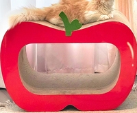 Grande griffoir-caverne ondulée pour chat en forme de pomme rouge avec décor feuille verte, entrée creuse, lit de repos double usage et nid pour aiguiser les griffes