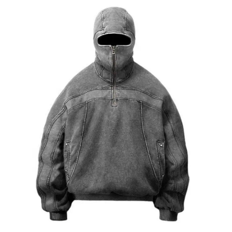 Wholesale Drop Shoulder Vintage Blank Hooded Sweater Custom Acid Wash Ninja Full Face Zip Up Hoodie With Eye Holes