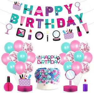 24 buah rias wajah balon lateks spanduk kue Topper Selamat Ulang Tahun Glitter kosmetik tema pesta dekorasi
