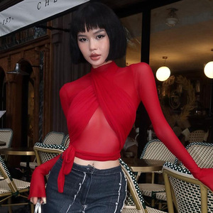 New Arrival Slimming Bandage Full Sleeve <strong>Crop</strong> <strong>Red</strong> Women's <strong>Tops</strong> Sexy Transparent T Shirt for Women - Product Image 1