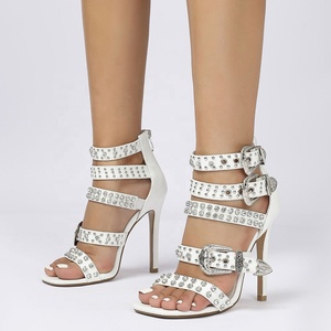 Women Back Zipper Shoes Rhinestone Studs High Heels Summer Square Toe Metal Buckles Denim Customized <b>Sandals</b> - Product Image 3