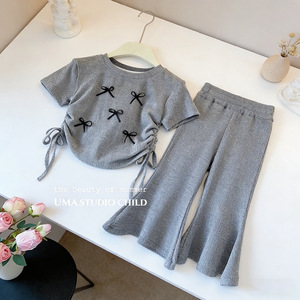Conjunto de Verano 2026 para Niñas, Moderno, con Lazo - Pantalones Cortos Acampanados - Conjunto de Dos Piezas, Top de Manga Corta Dulce y Lindo - Product Image 6