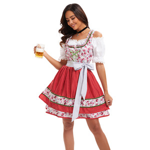 Yi Xiaoyi Bavarian Maid Costume Women Adult Oktoberfest Dress <b>Red</b> Floral Print With White <b>Blouse</b> And Bow Belt - Product Image 4