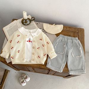2025 musim gugur bayi perempuan Sweater katun mantel Cherry bordir rajutan mantel lengan panjang anak-anak atasan baru - Product Image 4
