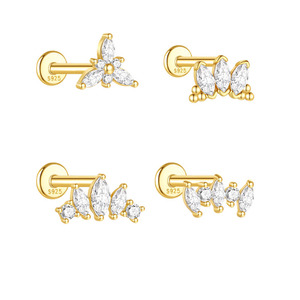 Pendiente de Plata de Ley S925 con Baño de Oro de 16G, Diseño Geométrico con Incrustaciones de Circonita Blanca 5A, Circonita Marquise, Parte Posterior Plana y Roscada - Product Image 1