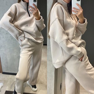 Conjuntos de dos piezas con logotipo personalizado para mujer, conjunto de chándal con cremallera de 1/4 cuartos, conjunto de chándal informal de manga larga con bolsillo - Product Image 5