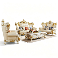 Ensemble de canapés en cuir véritable de style européen avec détails sculptés en bois massif, modèle 968, salon luxueux, style antique