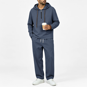 Conjunto de Sudadera con Capucha de Lino para Hombre, Media Cremallera, Manga Larga, Pantalones con Cordón, Atuendo de Dos Piezas, Ropa Casual de Primavera y Otoño - Product Image 2