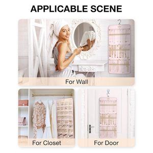 Hanging Jewelry Organizer Pink Double-Sided Storage Roll for Earrings Necklaces Bracelets Rings Watches - Product Image 6