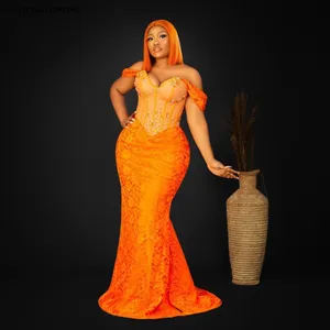 2025 vestidos de graduación naranja brillante africano personalizados largo sirena con cuentas encaje negro mujeres fiesta Formal Aso Ebi vestidos de fiesta de noche - Product Image 1