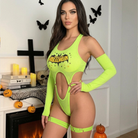 Ensemble de lingerie d'Halloween en gros pour femme, body teddy érotique vert fluorescent à imprimé chauve-souris et lettres, ajouré, avec manches