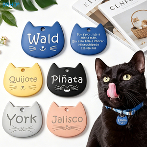 Plaque d'identification personnalisée en forme de tête de chat en acier inoxydable, breloque de collier pour chaton gravée, anti-perte - Product Image 1