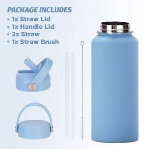Gourde isotherme grande capacité 1L en acier inoxydable à large ouverture, portable, avec paille et poignée de transport pour le sport et les clubs - Product Image 1