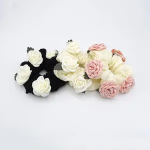 Customized Cream Painted Forest Style Elegant Hair Rose Scrunchies For Girls