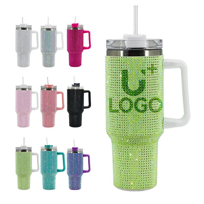 40oz HIgh Quality Attractive Bling Rhinestone Travel Tumblers Sports Cups Coffee mugs Custom Logo With Lid and Straw