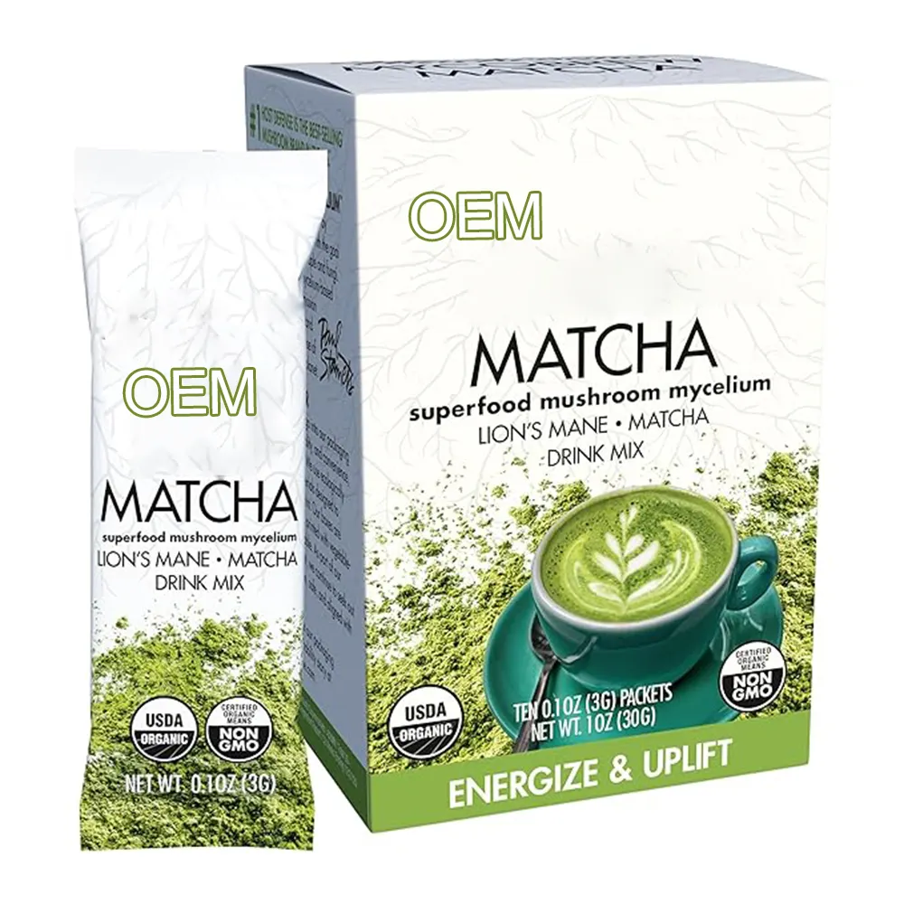 Vente en gros de poudre de latte au thé vert matcha certifié biologique de qualité supérieure boisson matcha en poudre instantanée aux champignons
