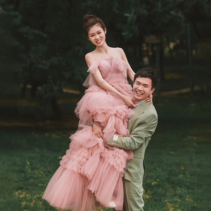 Pink Strapless Ball Gown Empire Waist Tulle Wedding Dress Red Bean Paste Color For Outdoor Travel Photography - Product Image 2
