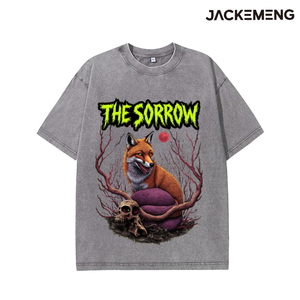 Camiseta Oversize <span class=keywords><strong>de</strong></span> Algodón Lavado con Estampado <span class=keywords><strong>de</strong></span> Calavera <span class=keywords><strong>de</strong></span> Zorro <span class=keywords><strong>de</strong></span> Terror y Luna Roja, Estilo Retro Urbano, Informal Diaria, Almacén <span class=keywords><strong>de</strong></span> EE. UU. - Product Image 2