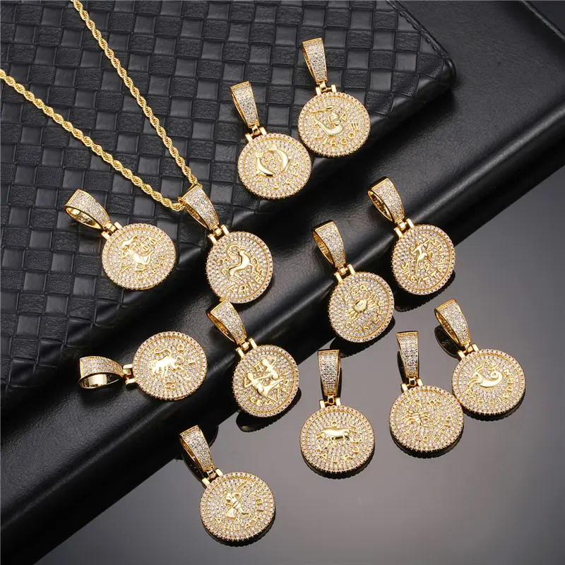 Iced Out Cz 12 Zodiac Munt Hanger Ketting Heren 18K Goud Ijzige Volledige Diamant Waterdichte Horoscoop Hanger Charme Ketting Juwelen