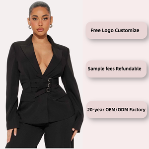 Elegante giacca da <span class=keywords><strong>donna</strong></span> <span class=keywords><strong>con</strong></span> <span class=keywords><strong>cintura</strong></span> a manica lunga <span class=keywords><strong>con</strong></span> colletto e tasche <span class=keywords><strong>con</strong></span> lembi da ufficio in tinta unita <span class=keywords><strong>con</strong></span> spalline - Product Image 2