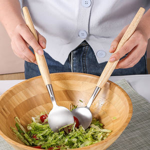 Mango largo decorativo haya madera y acero inoxidable ensalada servir cuchara y tenedor herramientas de ensalada de Metal - Product Image 5