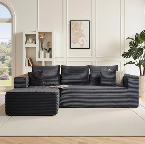 Sofá seccional de pana verde oscuro, tapizado en tela, en forma de L, de tres plazas, para sala de estar, mueble moderno para el hogar. - Product Image 5