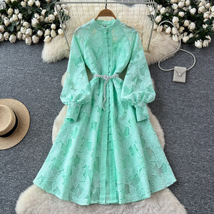 Robe élégante pour femmes, <span class=keywords><strong>vintage</strong></span>, à col rond, à manches bouffantes, à boutons, à taille nouée, avec broderie complexe - Product Image 2