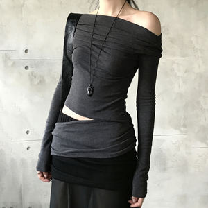 T-shirt à manches longues pour femme, couleur unie, épaules dénudées, dos nu, style coréen, streetwear Harajuku - Product Image 6