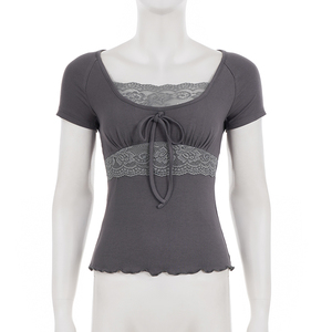 เสื้อยืดแขนสั้นผ้าลูกไม้หวานๆ แต่งโบว์ ทรงวินเทจ ทรงเข้ารูป สวยหรูสำหรับผู้หญิง - Product Image 6