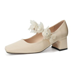 Escarpins Mary Jane en satin à bout carré, talon carré, décoration florale, talon moyen, tendance mode, chaussures pour femmes - Product Image 4