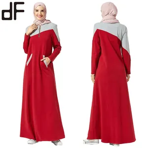 OEM Solid Zip Up Modern Islamic Dress Abaya Women Muslim Dresses Turkey Hijab Cotton Long Hooded Dress