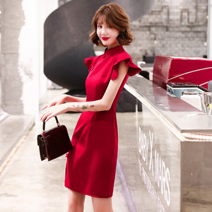 Robe de mariée Cheongsam Qipao rouge et noire, mode féminine, jeune fille, courte, en tissu polyester, vêtement traditionnel <span class=keywords><strong>chinois</strong></span> - Product Image 3