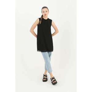 Puane Women's Black Sleeveless Tunic with Elegant <b>Tulle</b> Detail - Versatile Innerwear <b>Top</b> for Stylish Summer Outfits - Product Image 3