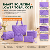 Ensemble de trousses de toilette en nylon matelassé violet avec logo personnalisé, trousse de maquillage, pochette de voyage, vente en gros, fabricant OEM