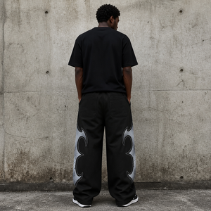 Pantalones Deportivos Anchos de Alta Calidad, 100% Algodón, Estampado Tribal de Llamas Plateadas sobre Negro, Estilo Y2K, Cintura Elástica, Ropa Casual Urbana - Product Image 3