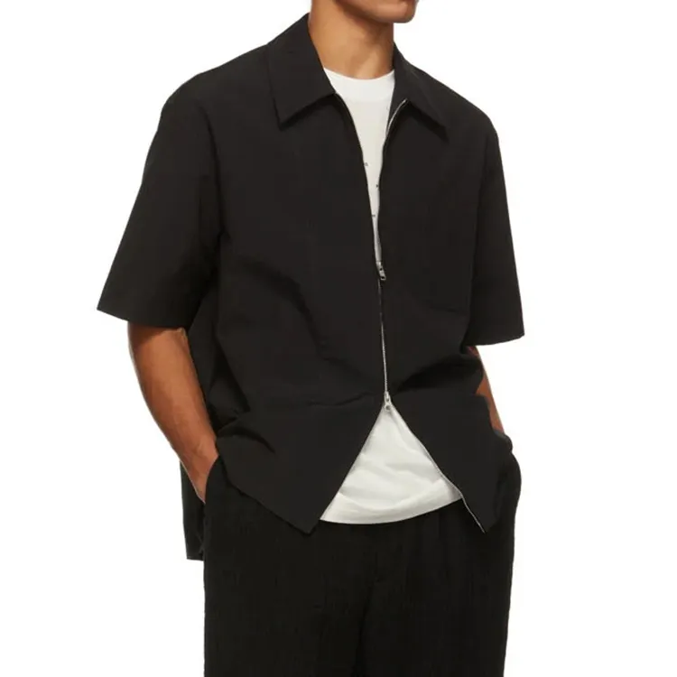 Black Zip Up Men Short Sleeves Shirts Cotton Canvas Chest Patch Pocket Customized Logo Mens Summer Shirts