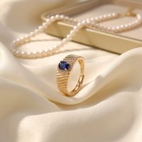 Bague en argent 925 certifiée avec saphir naturel pour femmes et hommes, surface cannelée ouverte, finition confortable, bijoux fins vintage