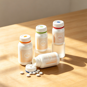 Botella de HDPE blanca con logotipo de hoja de 100ml, 150ml, 200ml, 250ml para pastillas, cápsulas, vitaminas, medicamentos, suplementos, dulces, con doble tapa. - Product Image 3