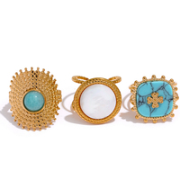 JINYOU 2047 Bague ouverte réglable en acier inoxydable, style bohème, avec pierre turquoise naturelle et coquillage, motif croix carrée