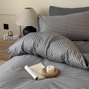 Wholesale 100% Raw Cotton 4-Piece Bed Sheet Set Dark Gray Striped Quilt Cover Printed Pillowcase Breathable Eco-Friendly <strong>Bedding</strong> - Product Image 3