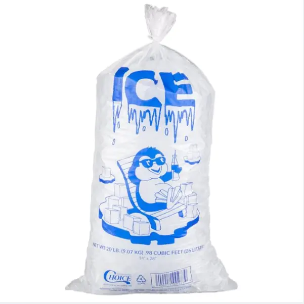 Bolsas de hielo de 10 libras de grado alimenticio sin BPA, bolsas de hielo con cordón impresas resistentes para envasar cubitos de hielo