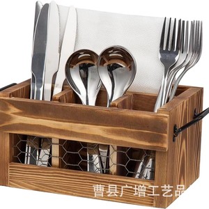 Wooden Cutlery <b>Storage</b> <b>Box</b> With Handles Rectangle Solid Wood <b>Kitchen</b> Organizer Open Top Compartments Shandong GZ 1025 - Product Image 3