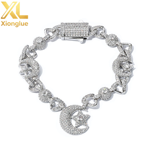 Hip-Hop Custom Cz Charms Cuban Chain Jewelry 10mm 18k Gold Plated Bracelet Brass Iced Out Zircon Moon Star Bracelet for <b>Men</b> - Product Image 2