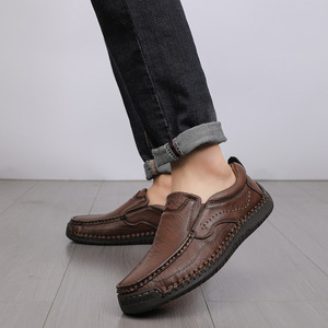 Chaussures en cuir pleine fleur pour hommes, à enfiler, confortables pour la marche, cousues à la main, semelle intérieure souple, pour usage quotidien urbain et décontracté - Product Image 4