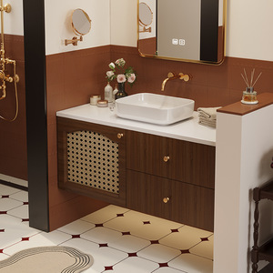 Natural wood rattan cabinet door with smart <b>mirror</b>, floor-standing ceramic integrated basin - Product Image 4
