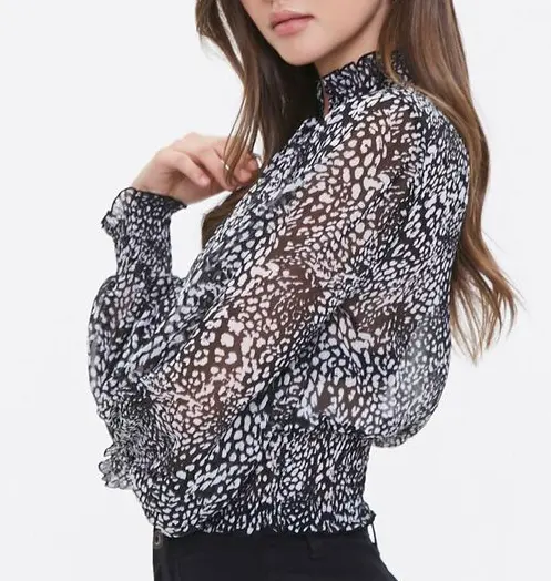 Vintage Women's Shirt Black and white leopard print small stand-up collar Casual Ladies' Blouses